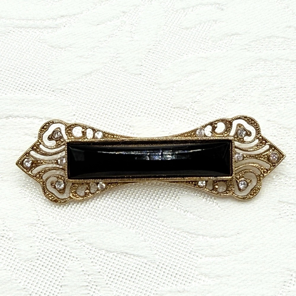 Vintage 1928 Black Faceted Glass Rhinestone Victorian Revival Brooch Gold Tone